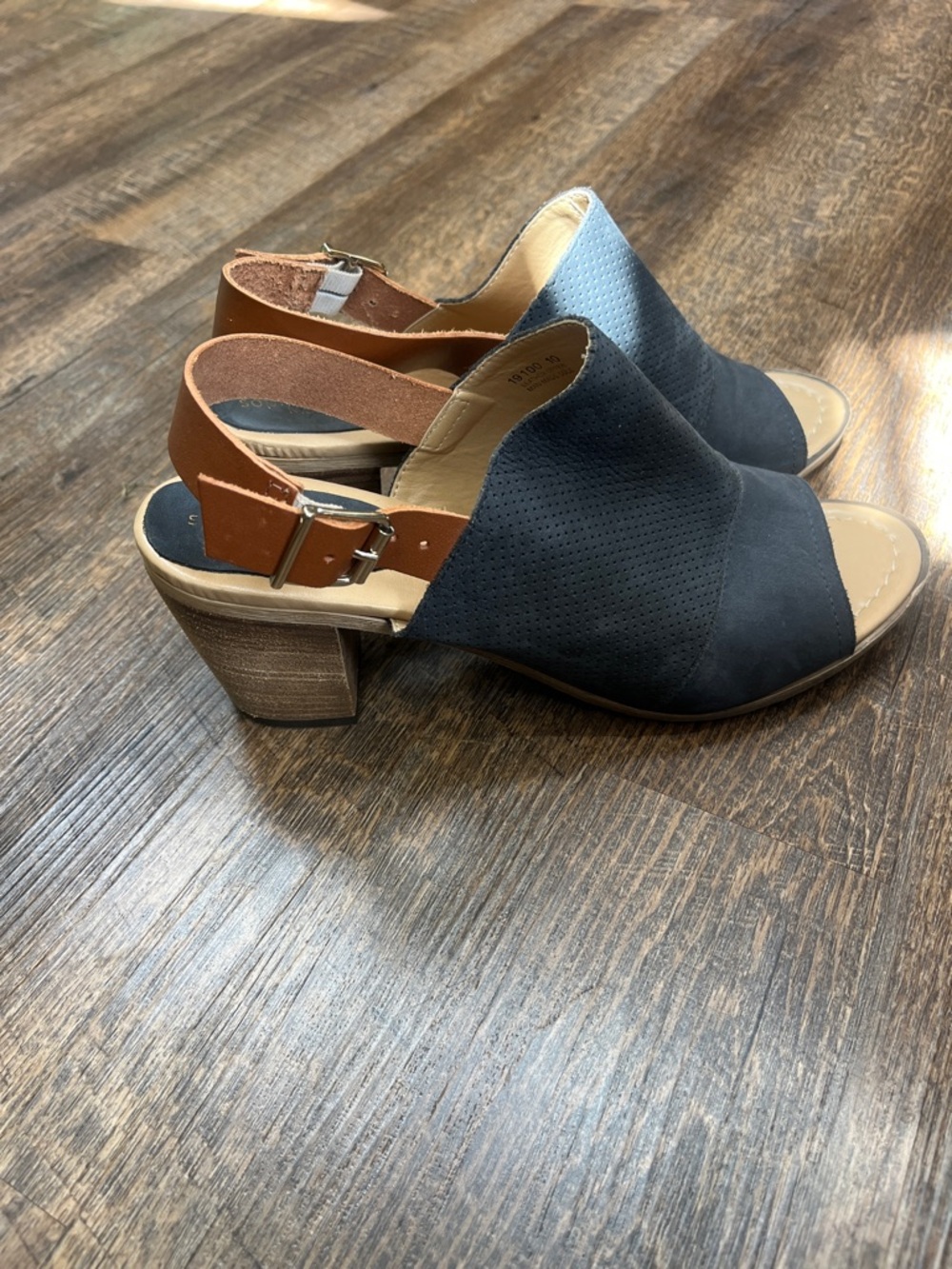 Navy Slingback Block Heels with Tan Ankle Strap